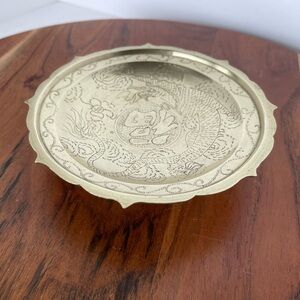 Vintage Solid Brass Double Dragon Chinese Trinket Pedestal Dish 6"